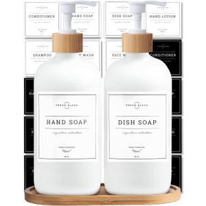 Vine Creations White Glass Soap Dispenser Set - Kitchen Soap Dispenser Set with Tray - Bamboo Dish Soap and Hand Soap Dispensers Set for Bathroom - White Kitchen Decor with Waterproof Labels