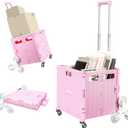 Foldable Rolling Cart for Stair Climbing: Rolling Crate for Grocery File Office Book, Pink 