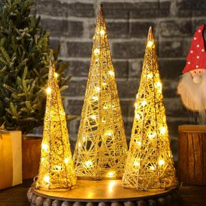 Baquler 3 Pcs LED Lighted Christmas Cone Trees Christmas Tree Ornament Gold Glittered Battery Operated Christmas Decoration Xmas Table Decor for Indoor Home Bedroom Tabletop Centerpiece Holiday Party