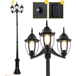 Outdoor Post Light Dusk to Dawn Sensor 3-Head Outdoor Lamp Post with Outlet Gfci, Anti-Rust Aluminum Waterproof Street Lamp Posts Outdoor Lighting for Outside Patio Yard Backyard