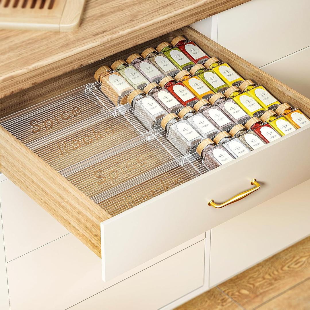 2-Tier Spice Drawer Organizer 4 Pack, Expandable from 11" to 22" Clear Acrylic Spice Rack for Drawer, Seasoning Organizer Holds Up to 48 Jars for Kitchen Spice Organization(Jars Not Included)