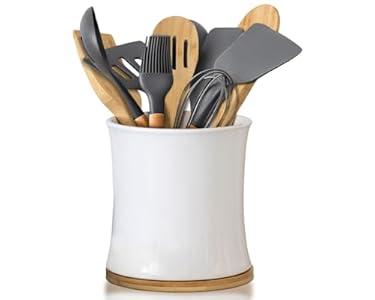 Comfify Large Ceramic Kitchen Utensil Holder with Bamboo Base - Modern Utensil Crock for Countertop Organization - Kitchen Counter Organizer for Cooking Tools, Spatulas, Spoons & More - White Ceramic