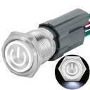 UL Listed 15Amp 16mm Latching Push Button Switch White 12V-24V DC IP67 Waterproof SPST with LED Angel Eye Light 304-Stainless Steel On and Off Switch with Wire Socket 5/8"