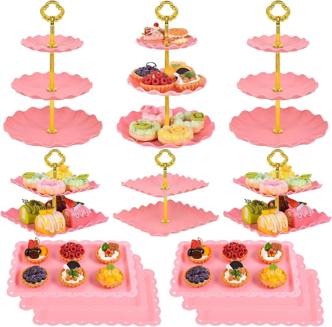 12-Pack Dessert Table Display Set, 6 Cupcake Stands and 6 Dessert Trays, Plastic Dessert Display Stands and Cake Stand, Treat Table Displays Set for Wedding, Baby Shower, Tea Party (Pink)