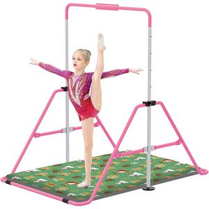 Jivifao Gymnastics Bar with Self-Inflating Mat for Kids, Adjustable Height Gymnastic Horizontal Bars with Mat, Folding Gymnastic Training Monkey Bars, Junior Expandable Training Kip Bar for Home