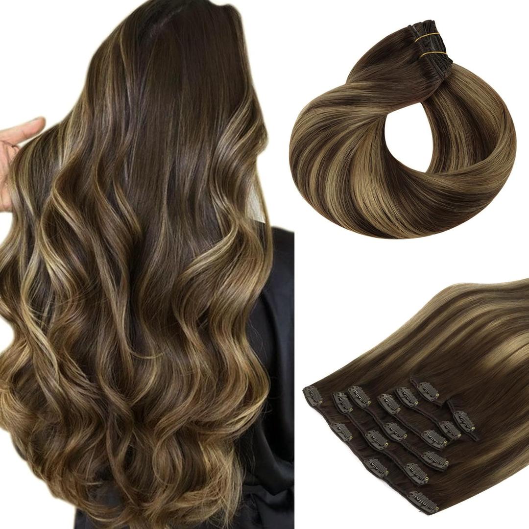 Human Hair Clip in Hair Extensions, Balayage Chocolate Brown Mixed Caramel Blonde