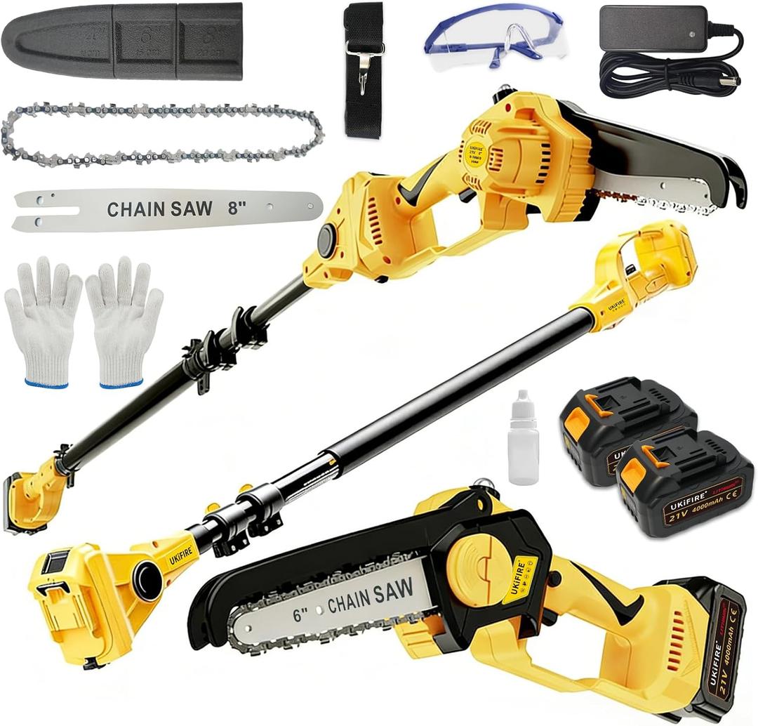 Electric Pole Saws for Tree Trimming, 8" & 6" Mini Chainsaw Cordless + 8FT Extension Pole, 2 x 4.0Ah Batteries & LCD Display, 16Ft Reach, Brushless Pole Saw Battery Powered for Branch & Wood Cutting