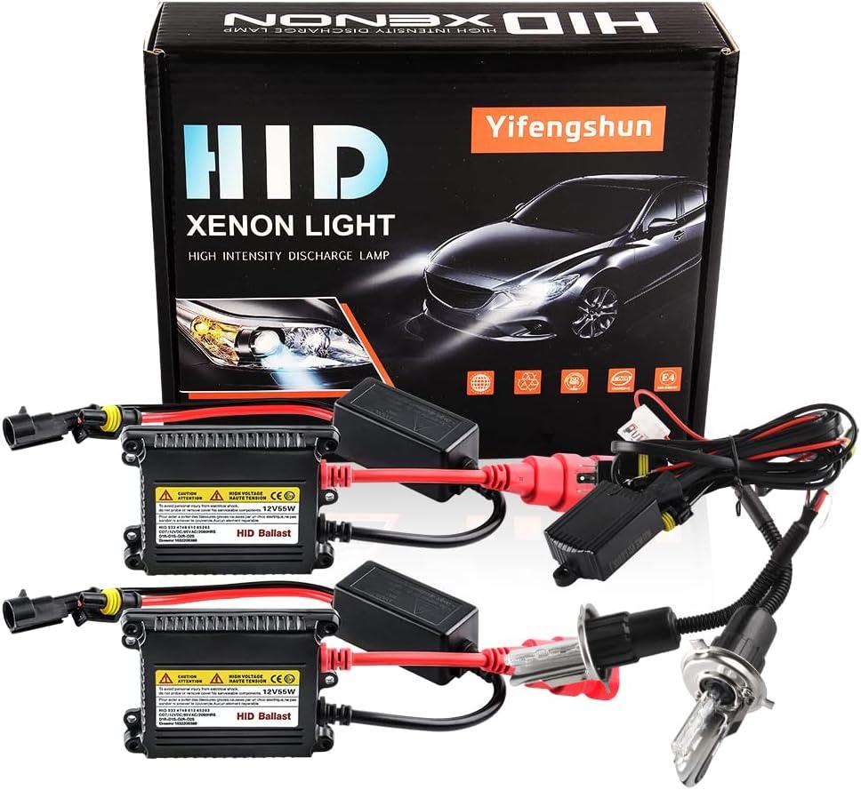 H4 HID Headlight Bulbs 6000K Xenon White with 55W DC Slim HID Ballast by Yifengshun Super Bright Xenon HID Light Bulb for Auto High / Low Beam (2 Xenon Bulbs + 2 Ballasts)
