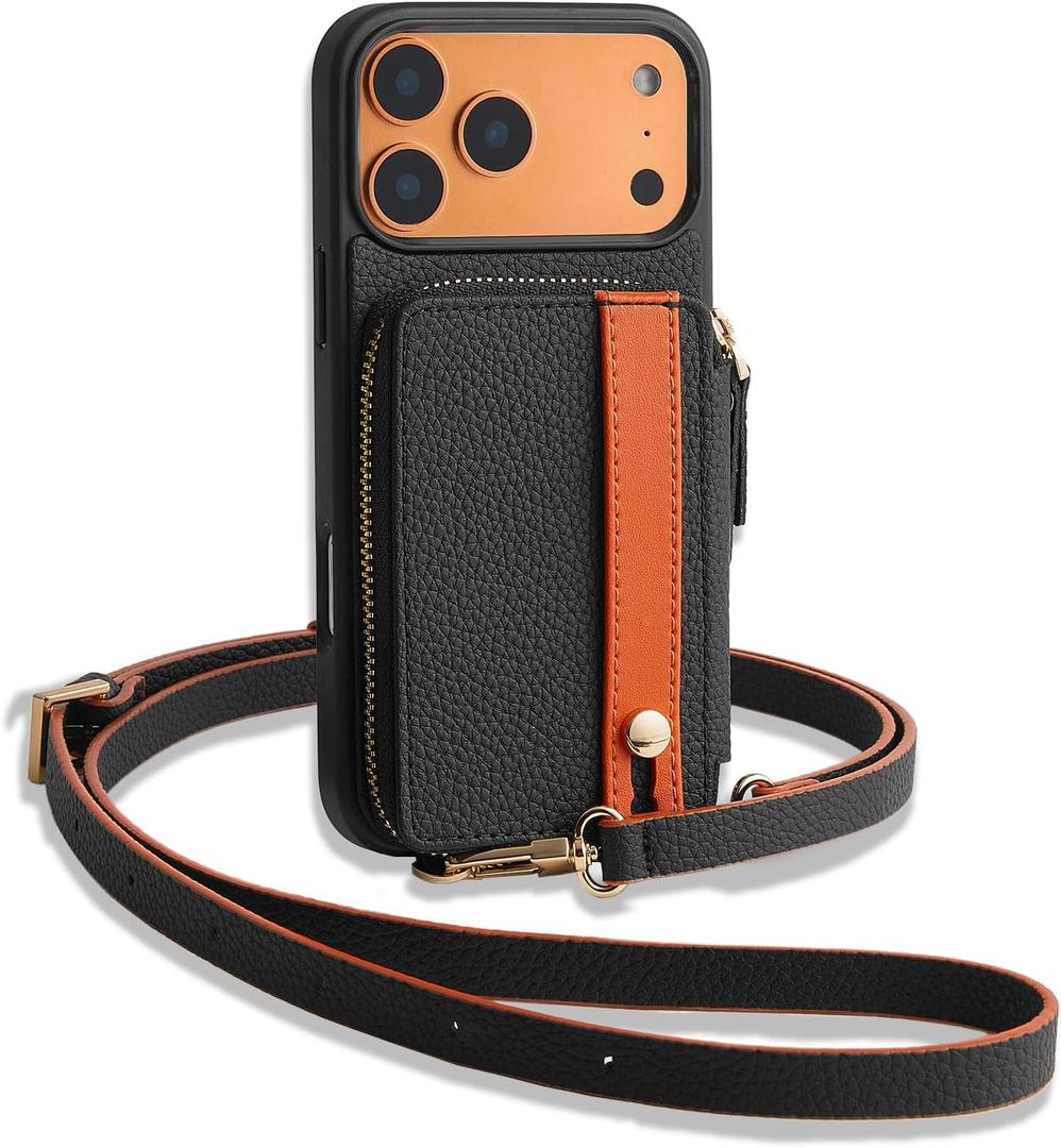 LAMEEKU for iPhone 17 Pro Wallet Case with Card Holder, Crossbody Zipper Cover with Strap for Women 6.3 inch Black