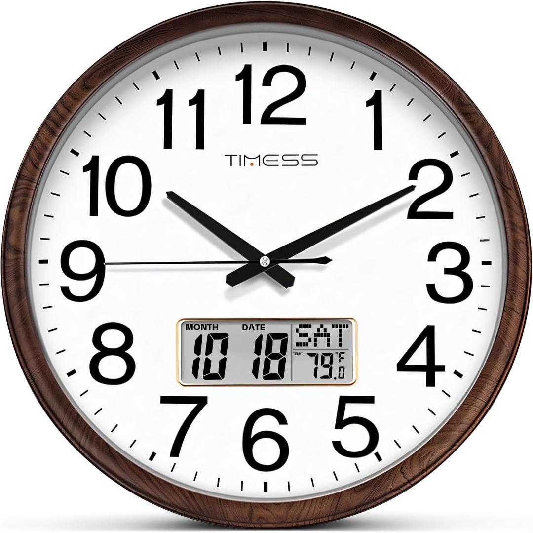 Wall Clock, Classic Wood Style Finish, 13 Inch Non-Ticking Silent Battery Operated Quartz Analog with Perpetual Calendar and F Temperature Display, Home, Office Dcor (Chestnut Brown)