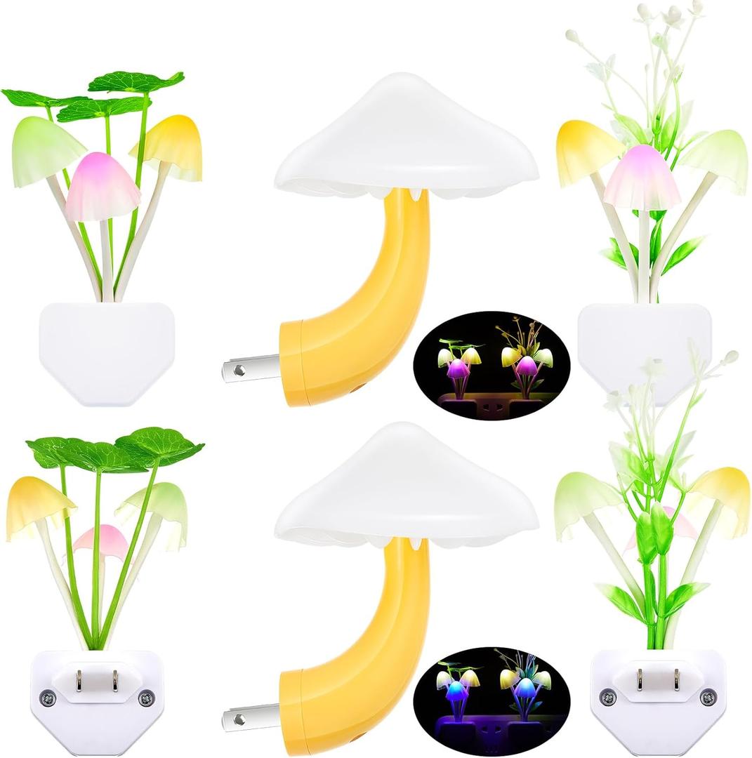 Mudder 6 Pack Mushroom Night Light LED Night Light Plug in Lamp 7 Color Changing Magic Cute Shaped Lamp Wall Decor for Adults Bathroom Home(Water Plants, Lotus Leaves, Mushroom)