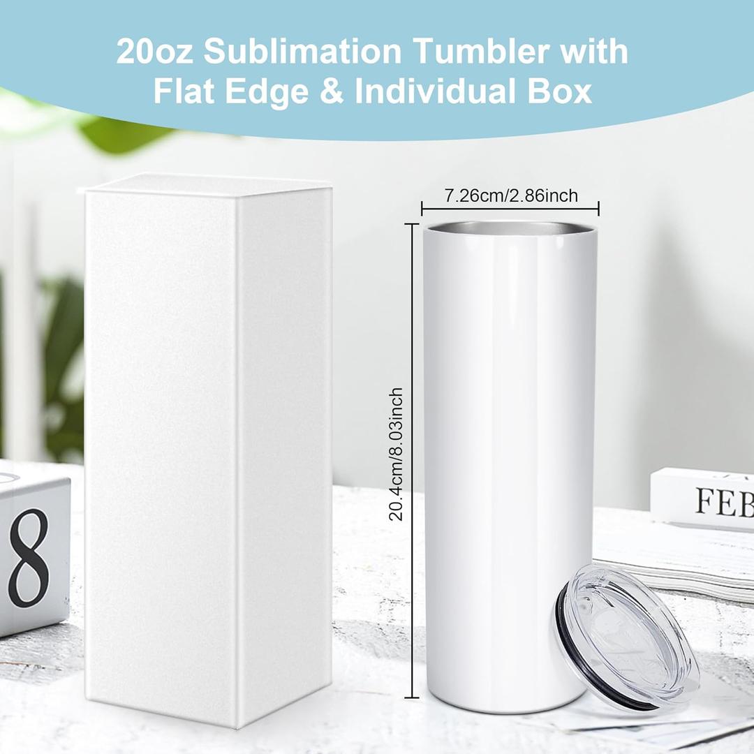 AGH 8pcs 20oz Sublimation Tumblers Bulk With Flat Edge, 20 oz Sublimation Tumbler Blank, Skinny Straight Stainless Steel Blanks Cups with Individual Box, Plastic Straw for Coffee, Drinks, DIY, Crafte