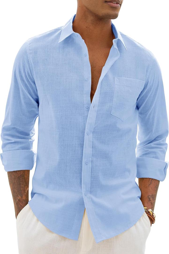 Alimens & Gentle Mens Cotton Linen Textured Shirt Long Sleeve Button Down Shirts Casual Summer Beach Wedding Tops with Pocket (Blue), L