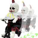 [Moving Back and Forth] Halloween Animatronic 15.5 Clown Ride on Bicycle, Sound Activated Spooky Talking Halloween Decoration Indoor for Haunted House, Party, Storefront