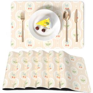 LilyCat Faux Leather Placemats Set of 6, Waterproof Oil-Proof Dining Table Mats for Kitchen, Indoor & Outdoor Heat Resistant Wipeable PU Place Mats, 18 12, Cherries and Flowers