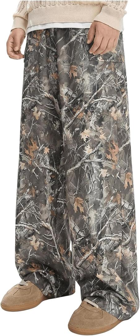 Men's Camo Print Straight Leg Pants Elastic Waist Loose Casual Trousers Streetwear (Large, Army Green)