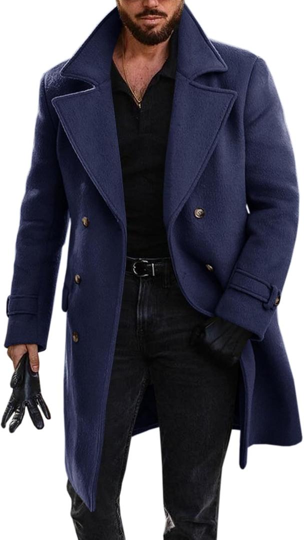 Runcati Men's Double Breasted Trench Coat Mid Long Jacket Notched Lapel Winter Chunky Warm Overcoat (Large, Navy Blue)
