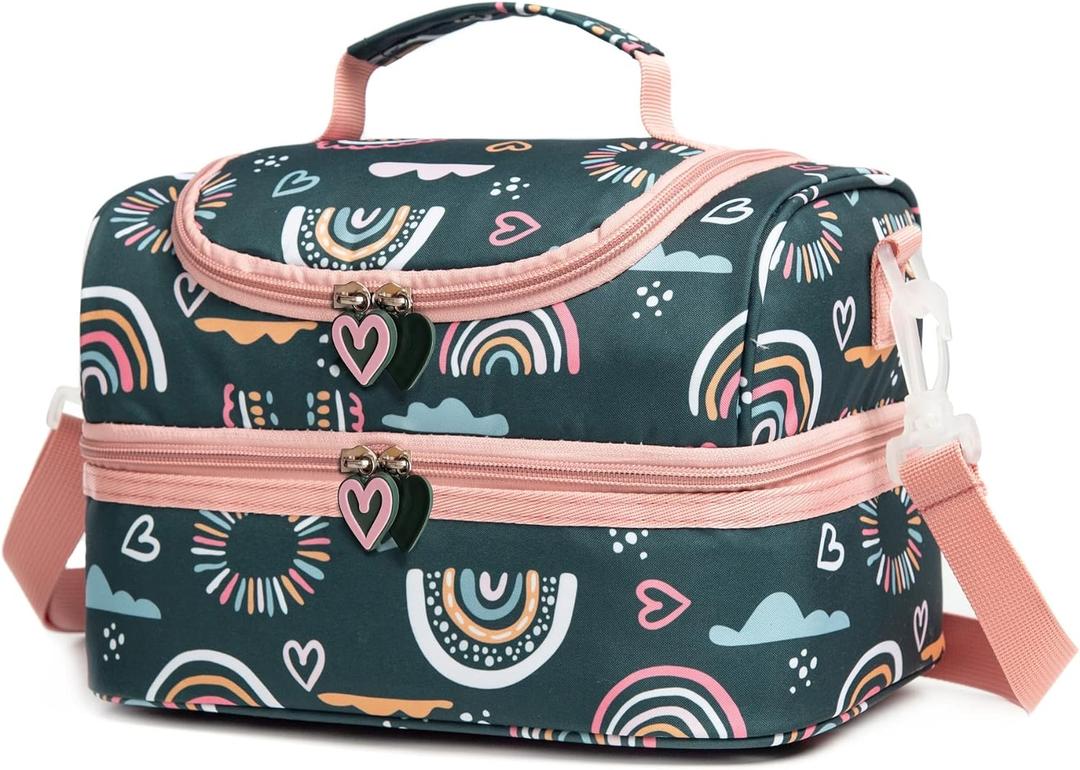 Insulated Kids Dual Compartment Lunch Bags Tote Pack for Girls Boys Toddler Kindergarten School Picnic Cooler Thermal Lunch Boxes with Strap (Green Rainbow)