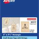 Avery Kraft Brown Rectangle Tags, Sure Feed Technology, 2" x 3.5", Laser/Inkjet Printable, 64 Total, Strings Included, Also Great for Gifts and Favors (80517)