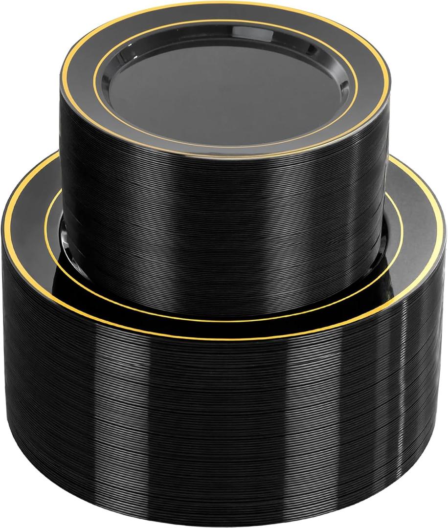 NOCCUR 200PCS Black and Gold Plastic Plates for 100 Guests  Include 100PCS 10" Dinner/ 100PCS 7" Dessert Disposable Plates Heavy Duty  Ideal for Party/Birthday/New Year