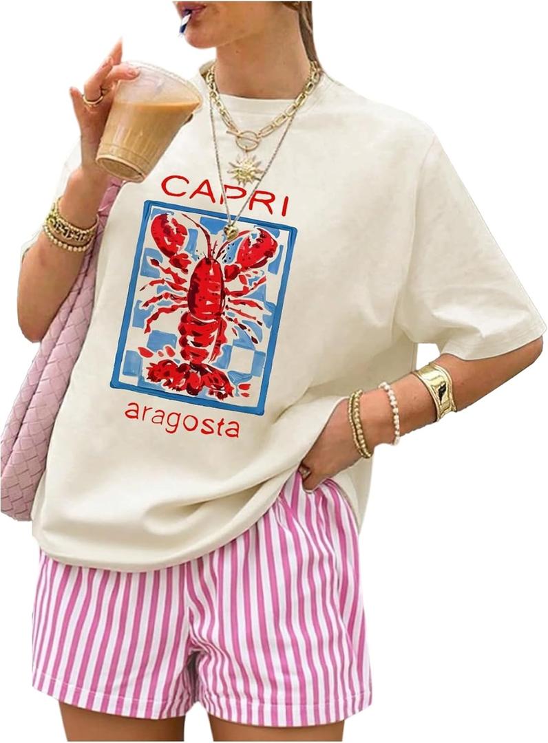 SweatyRocks Women's 2 Piece Outfits Summer Short Sets Lobster Graphic T Shirt and Striped Shorts (L)