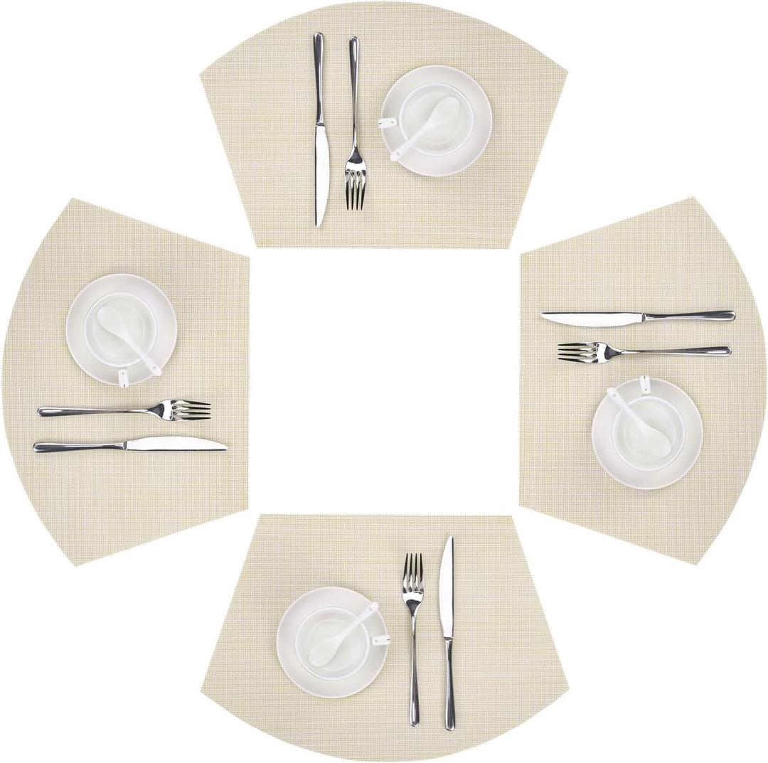 SHACOS Wedge Placemats Set of 4 Woven Vinyl Small Round Table Placemats Wipe Clean Table Mats for Round Dining Table Indoor Outdoor, Beige White
