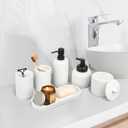 White Bathroom Accessory Set - 6 Pcs: Toothbrush Holder, Lotion & Foaming Soap Dispensers, Qtip Holder, Vanity Tray, Bathroom Tumbler, Countertop Organizer