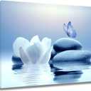 EOBTAIN Zen White Flower Canvas Wall Art Floral and Blue Butterfly on Stone Modern Framed Picture Yoga Spa Spiritual Painting Artwork Print Decor for Bathroom Bedroom Living Room 24x16 Inches (16L" x 24W")