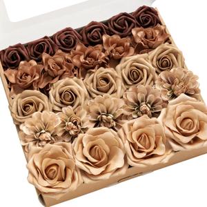 Ling's Moment Artificial Flowers Fake Silk Chrysanthemum Faux Foam Roses Combo for DIY Wedding Bouquets Centerpieces Arrangements Bridal Shower Party Home Decorations, Walnut Brown & Sand Biege, 25pcs