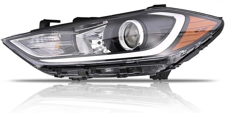 Left Headlight Assembly for 2017 2018 Hyundai Elantra (Not Fit Elantra GT Models), Driver Side Halogen Headlamp with Clear Lens Black Housing Amber Reflector (with Bulbs)