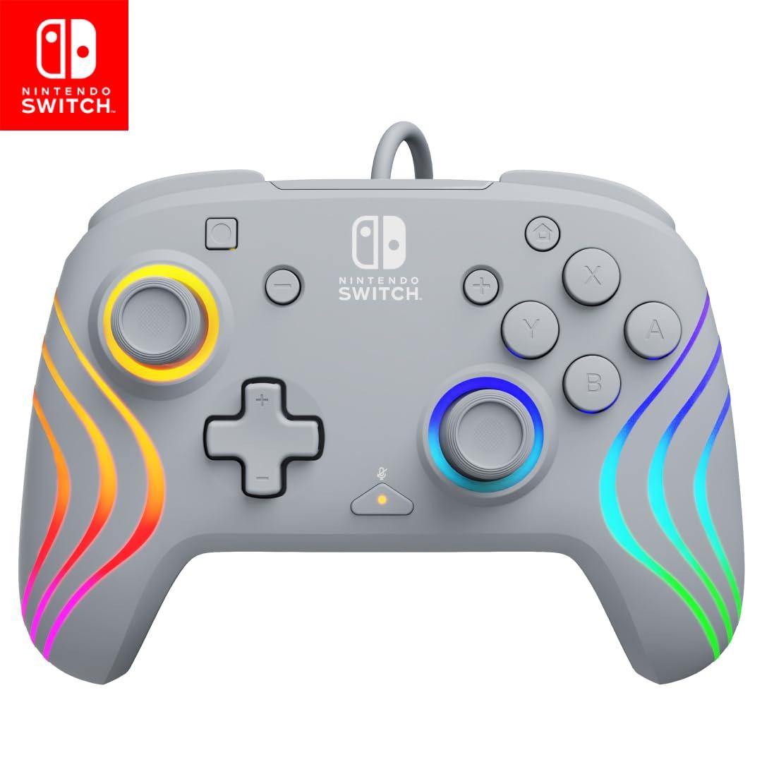 PDP Afterglow Wave Enhanced Wired Nintendo Switch Pro Controller, 8 Colors RGB LED, Dual Programmable Gaming Buttons, Volume Control, 3.5mm headphone jack, Officially Licensed by Nintendo, Grey