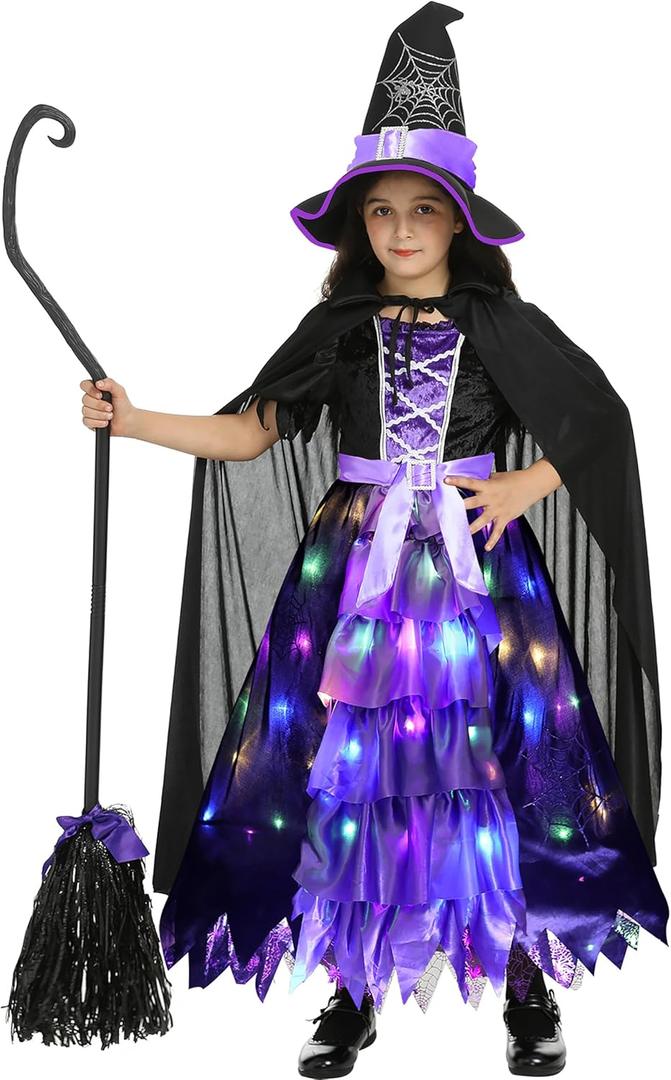 Witch Costume Set for Girls Led Light Up Halloween Costume Dress Up with Hat Cape (5-7 Years, XL)