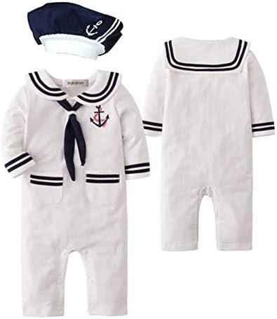 stylesilove.com Baby Boy Marine Sailor Cotton Romper Onesie with Hat and Necktie 3pcs Holiday Outfit 70
