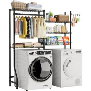Over Washer and Dryer Shelves,Heavy Duty Laundry Room Storage Organization Clothes Drying Rack,5 Tier Adjustable Height Wire Shelving and Wire Basket with Hanger Rod&Hook,Space Saving Shelf (15.75D x 58.25W x 72H, Black(5-tier))