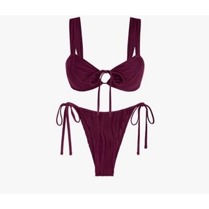 ZAFUL Women's Cinched Bikini Solid Color Wave Textured Knotted Tied Side Two Piece Swimsuit Bathing Suits, Medium
