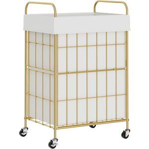 Laundry Hamper with Wheels, 90L Laundry Basket with Handle, Laundry Sorter with Removable Liner Bag (90L-1 Section, Golden+White)