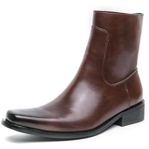 QKLMWES Mens Leather Pull On Low Chunky Heels Square Toe Dress Western Chelsea Boots Casual Ankle Cowboy Boots with Side Zipper & Buckles for Prom Formal Party Working Business (Brown, 8.5)