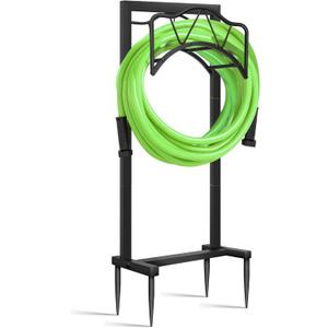 Garden Hose Holder Freestanding Outdoor - Heavy Duty Water Hose Holders for Outside, Metal Hose Stand with 4 Spikers, Hose Hanger Free Standing, Hose Storage for Outside, Holds 150-feet Hose, Black