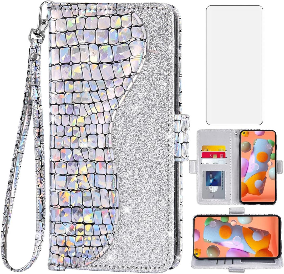 Asuwish Phone Case for Samsung Galaxy A11/M11 Wallet Cover with Tempered Glass Screen Protector and Wrist Strap Flip Card Holder Bling Glitter Stand Cell Glaxay A 11 Gaxaly 11A Women Girls Silver