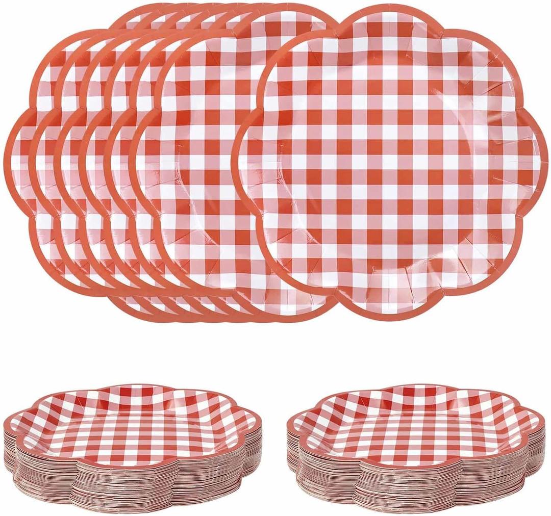 SietDESEO 50 PCS Red Gingham Paper Plates 7 Inch Red and White Scalloped Dessert Plates Plaid Disposable Dinner Plate for Party Wedding Baby Shower Birthday Checkered Plate