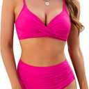 ZAFUL Women High Waisted Bikini Sets Two Piece Swimsuit Push Up Twist Front Ruched Bathing Suit (Medium, Hot Pink)