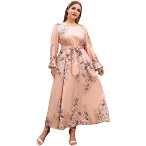 WDIRARA Women's Plus Size Floral Print V Neck Belted Bishop Long Sleeve Dress (XXX-Large Plus, Pink)