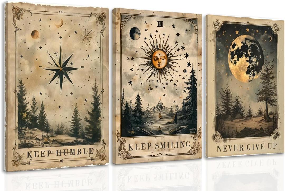 Palette Dreams 3 Pieces Gothic Vintage Celestial Canvas Wall Art, Vintage Tarot Canvas Wall Decor, Mysterious Sky Astrology Picture Poster Prints for Living room Bedroom Office Decor 12X16 inches