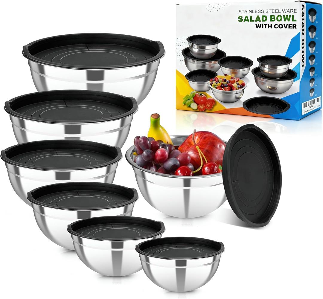 YJSLICT Stainless Steel Mixing Bowls with Lids Set, 7 Pcs Nesting Design Metal Mixing Bowls Salad Bowl for Mixing, Prepping and Serving Food (Size4.5-0.7QT)