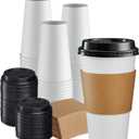 GUSTO [16 oz. - 100 Sets Disposable Coffee Cups with Lids and sleeves - To Go Paper Hot Cups for Travel and Office Use - Formerly Comfy Package