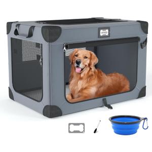 42 Inch Soft Dog Crates, Collapsible Dog Travel Crate for Extra Large Dogs Indoor & Outdoor, 3-Door Foldable Pet Kennel with Mesh Windows, Soft Blanket and Foldable Bowl