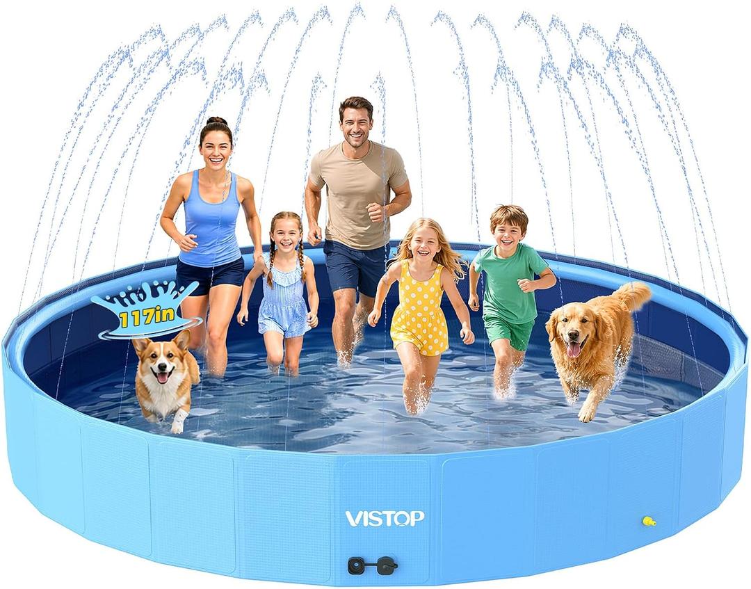 VISTOP 117" Extra Large Dog Pool with Sprinkler, Heavy Duty Foldable Hard Plastic Kiddie Pool, Non-Slip Collapsible Swimming Pool for Dogs, Kids & Pets, Portable Outdoor Backyard Water Play Tub