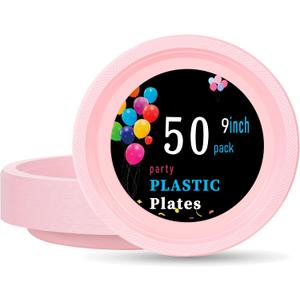 WELLIFE Pink Plastic Plates 9 Inch 50 Count Disposable Plate for Party Mother's Day, Dessert Plates for Dinner Supplies Birthday Cake, 9Inch50 Guests