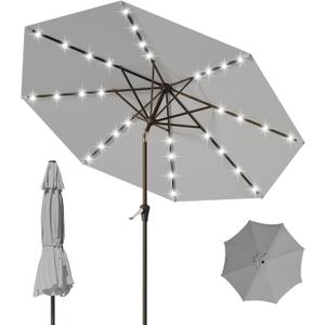 9FT Patio Umbrella with Solar Lights,Outdoor Market Umbrella with Tilt and Crank, LED Lighted Table Umbrella for Garden,Deck,Backyard,Pool,Beach (Light Gray)