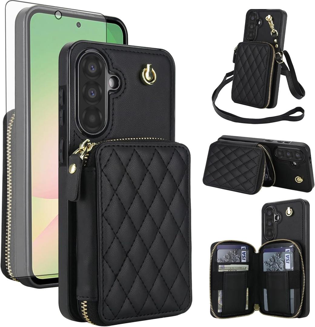 Phone Case for Samsung Galaxy A36 5G Wallet Cell Cover with Tempered Glass Screen Protector Wrist Crossbody Strap Stand RFID Blocking Credit Card Holder Slot A 36 36A LTE SM-A366U Women Girls Black